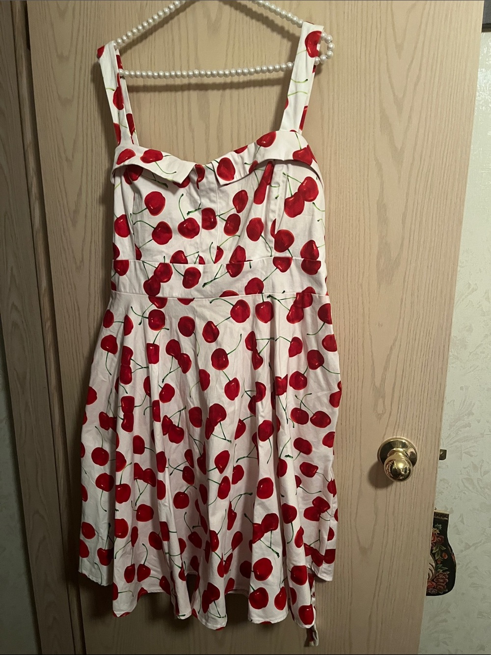 Sleeveless White Midi Dress with Red Cherry Print